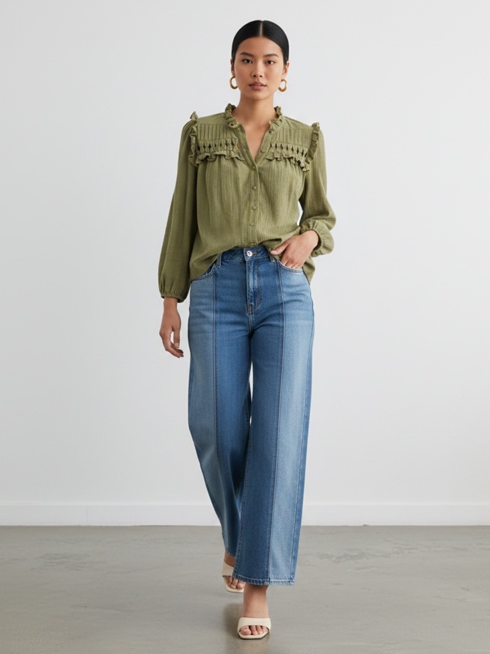 1522 • Olive Cotton Gauze Open Work Yoke Ruffle Trim Lined Blouse - Picture 5 of 8